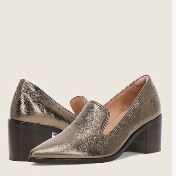 NWT Frye Pointed Toe Leather Sadie Venetian Block Heel Loafers Bronze Size 11M - Picture 1 of 9